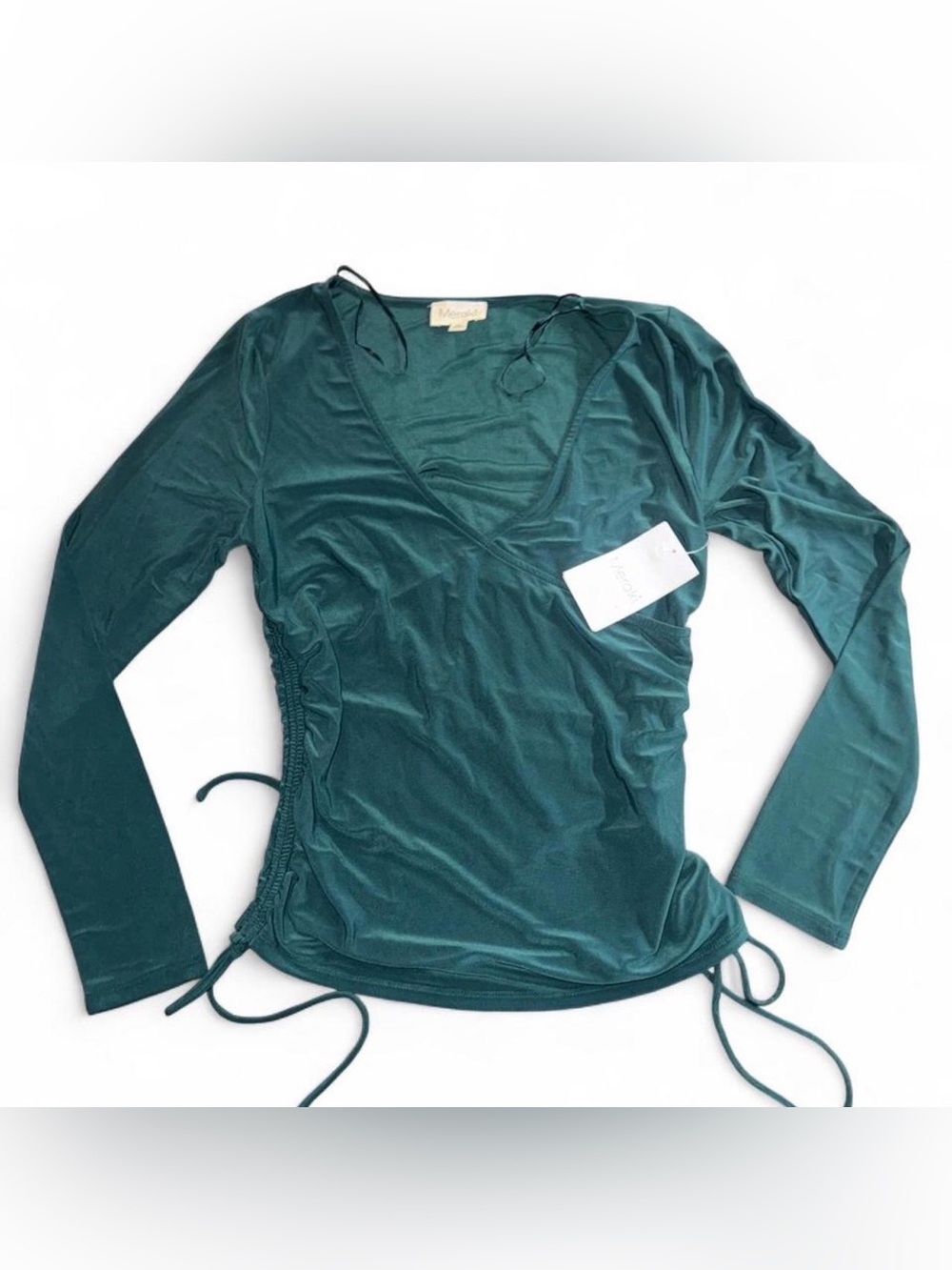 Meraki Teal Green Ruched Long Sleeve Top NWT